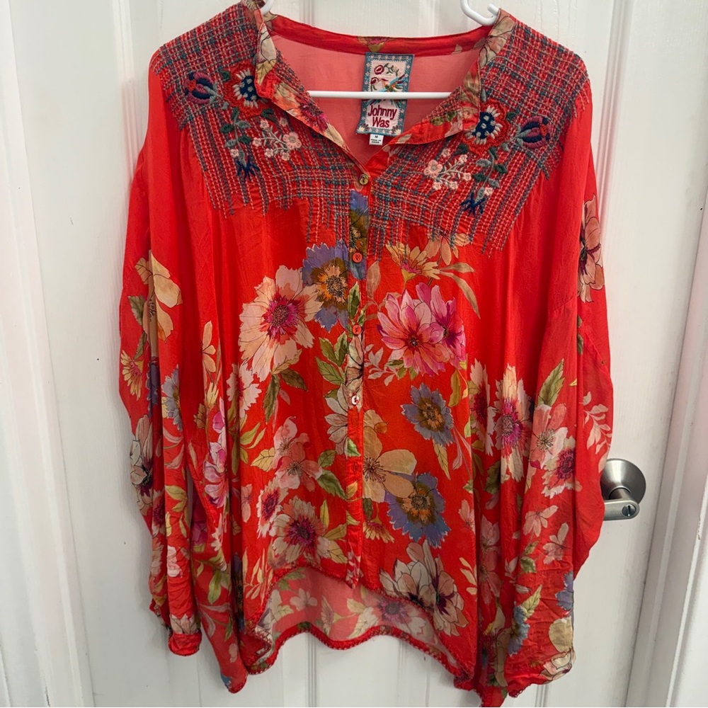 Johnny Was Vibrant Red Floral Button-Down Blouse